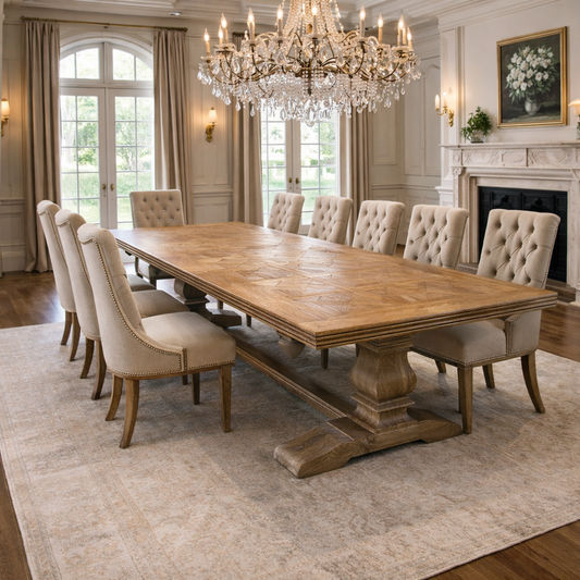 THE ROYAL KENSIT RECYCLED ELM DINING TABLE PARQUETRY TOP 320CM - MyChocolateWood