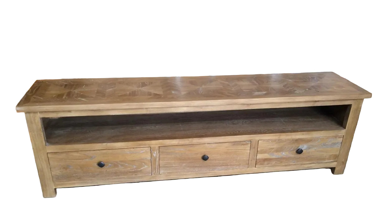 KENSIT HAMPTONS RUSTIC RECYCLED ELM  PARQUETRY PATTERN TV ENTERTAINMENT UNIT 3 DRAWERS/SHELF - MyChocolateWood