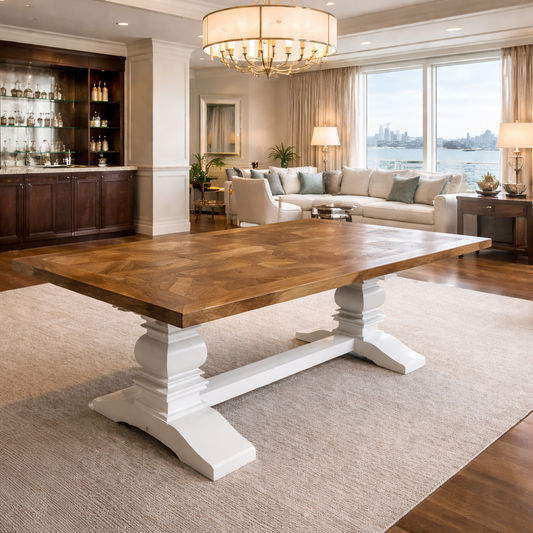 KENSIT HAMPTONS RECYCLED ELM DINING TABLE PARQUETRY TOP 200CM - MyChocolateWood