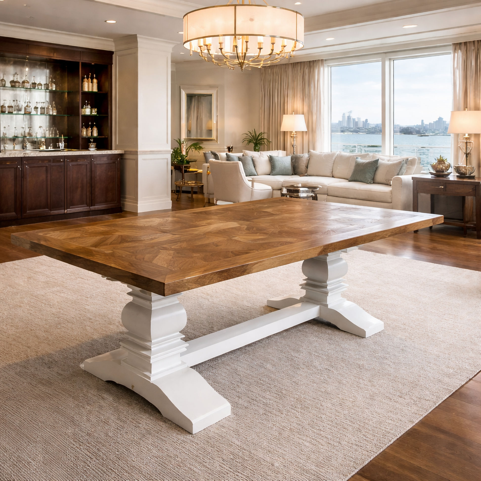 Kensit Hamptons Recycled Elm Parquetry Dining Table, 245cm with White Legs - Chocolate Wood