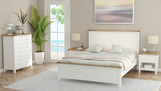 CHRISTA HAMPTON SOLID ACACIA QUEEN BED LIGHT OAK TOP WHITE BASE (4CTN) - MyChocolateWood