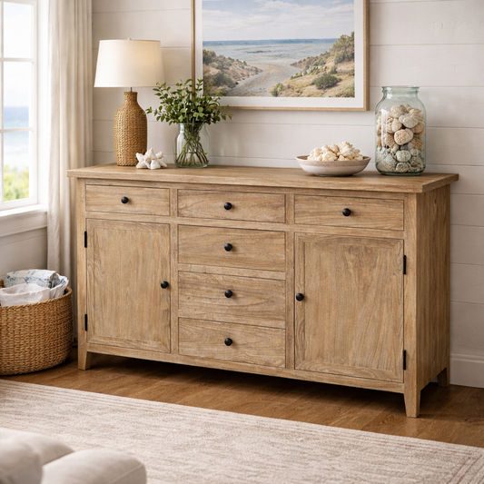 KLOWI RUSTIC 6-DRAWER 2-DOOR CABINET STORAGE CUPBOARD SIDEBOARD BUFFET RECYCLED ELM 130CM - MyChocolateWood