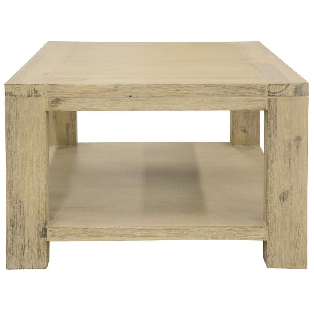 MyChocolateWood Ripley solid acacia timber lamp table with a shelf in brushed smoke finish, showcasing its natural wood grain and sleek design.