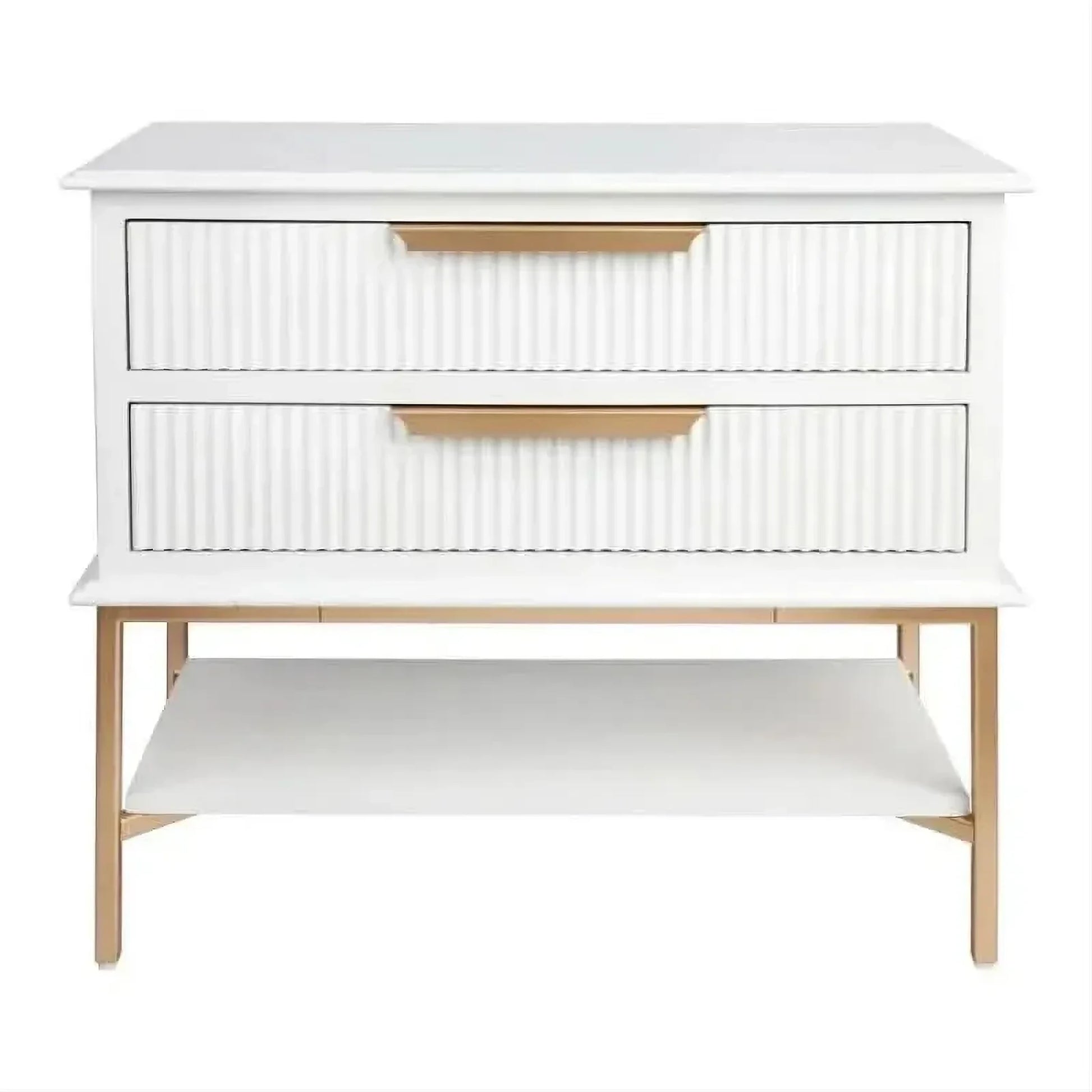 Moretti 2-Drawer Bedside Table Large in Satin White & Gold - Chocolate Wood