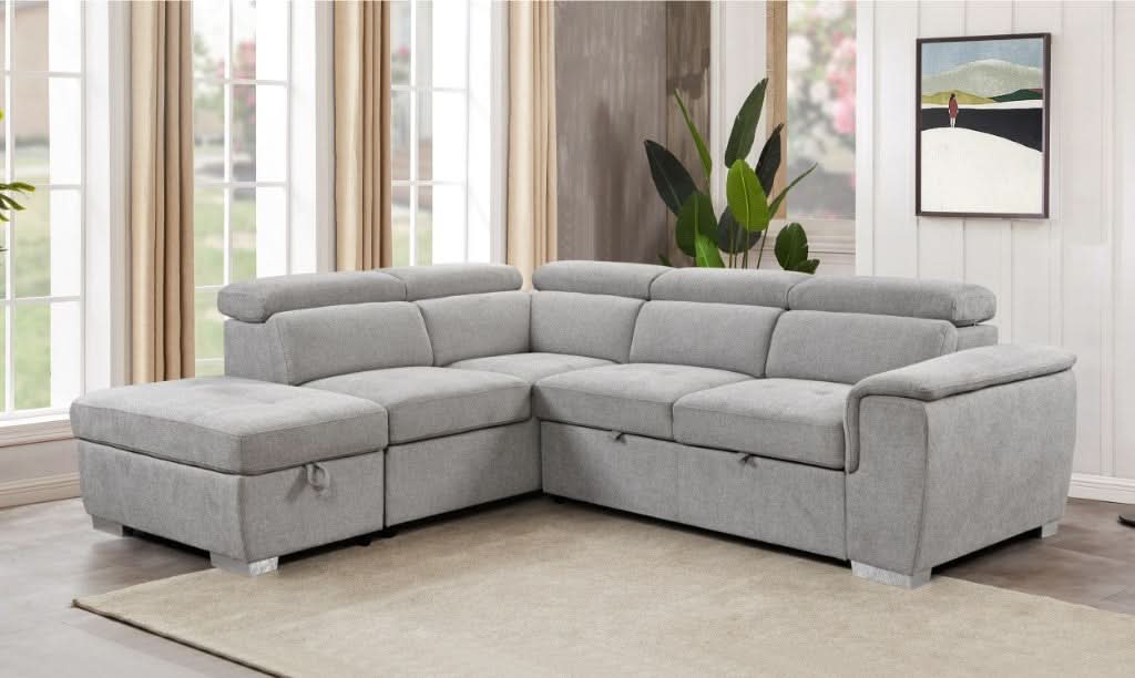 SUTTON FABRIC 2-SEATER CORNER SOFA W/BED,STORAGE OTTOMAN & LHF CHAISE LIGHT GREY