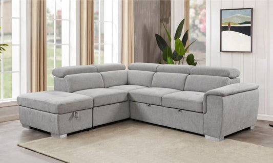SUTTON FABRIC 2-SEATER CORNER SOFA W/BED,STORAGE OTTOMAN & LHF CHAISE LIGHT GREY