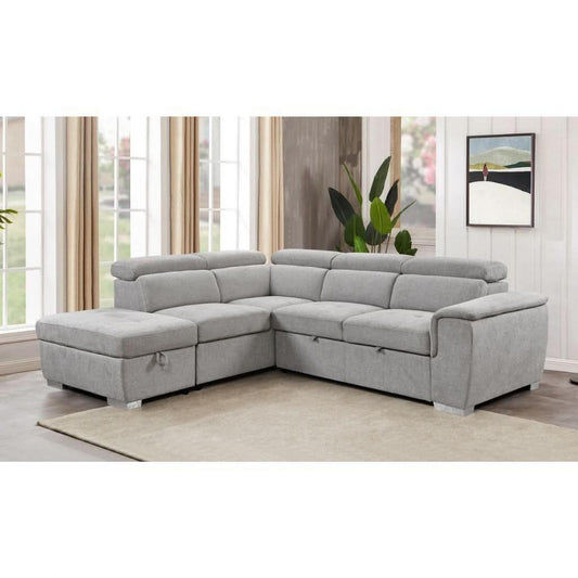 Sutton Fabric 2-Seater Corner Sofa with Bed, Storage Ottoman & Chaise in Light Grey