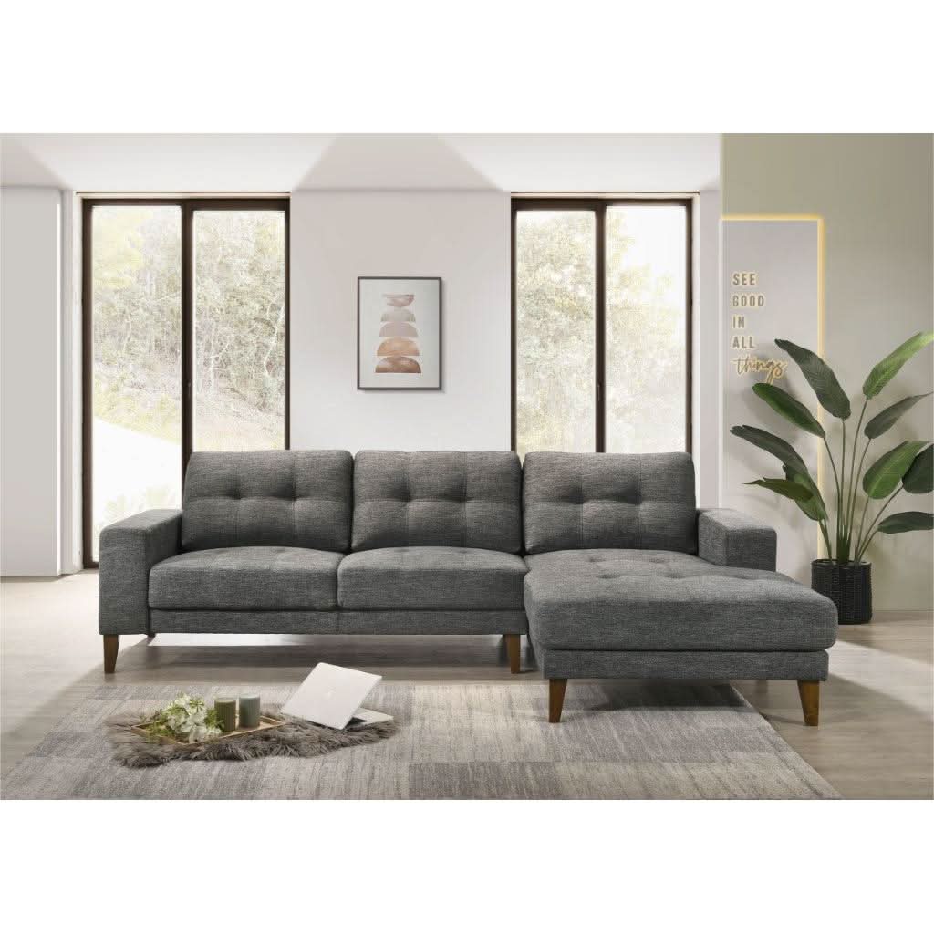 Liz Mid-Century Fabric 2-Seater with Right Hand Facing Chaise in Licorice - Chocolate Wood