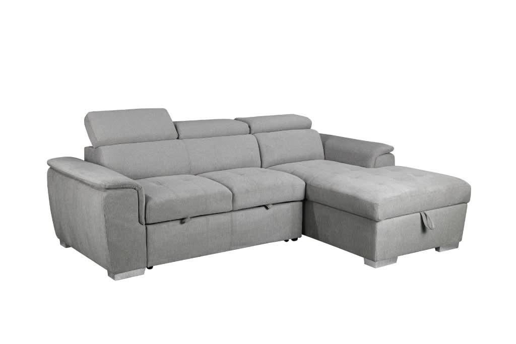 SUTTON FABRIC 2-SEATER SOFA W/ SINGLE BED & RHF CHAISE LIGHT GREY