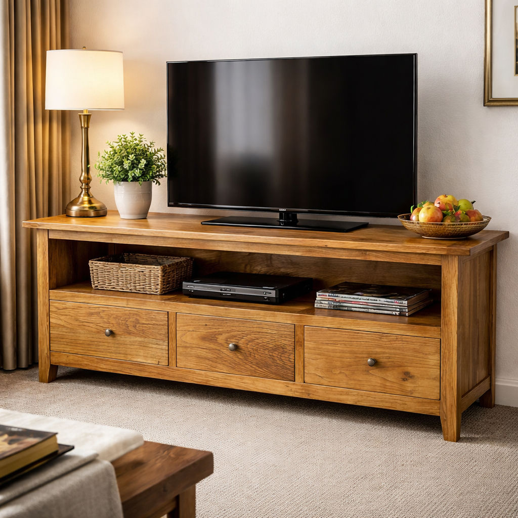 LINDI RECYCLED ELM RUSTIC COUNTRY STYLE TV/ENTERTAINMENT UNIT 3 DRAWERS HONEY 180CM I - MyChocolateWood