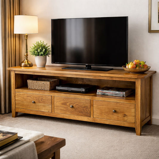 LINDI RECYCLED ELM RUSTIC COUNTRY STYLE TV/ENTERTAINMENT UNIT 3 DRAWERS HONEY 180CM I - MyChocolateWood
