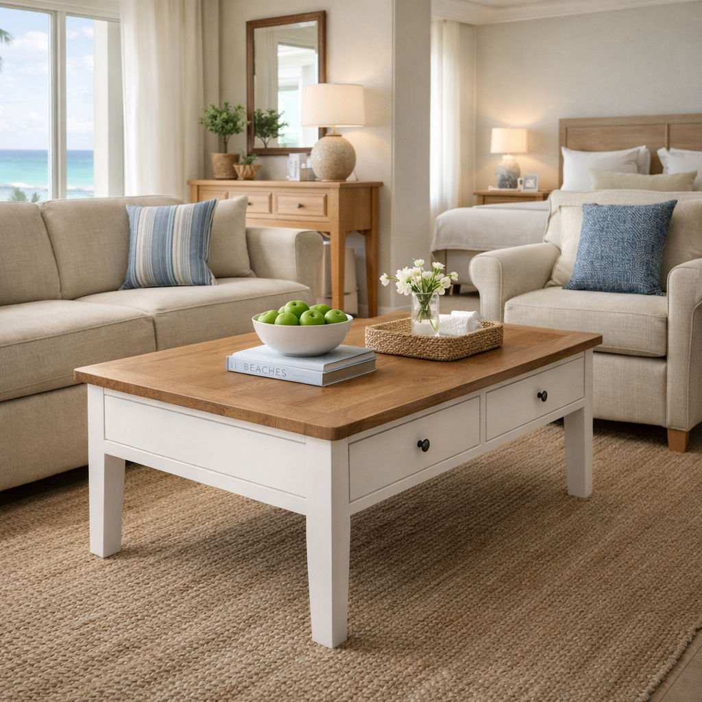 MERINE  OAK TOP/WHITE BASE 2-DRAWER 2-WAY COFFEE TABLE 120CM - MyChocolateWood