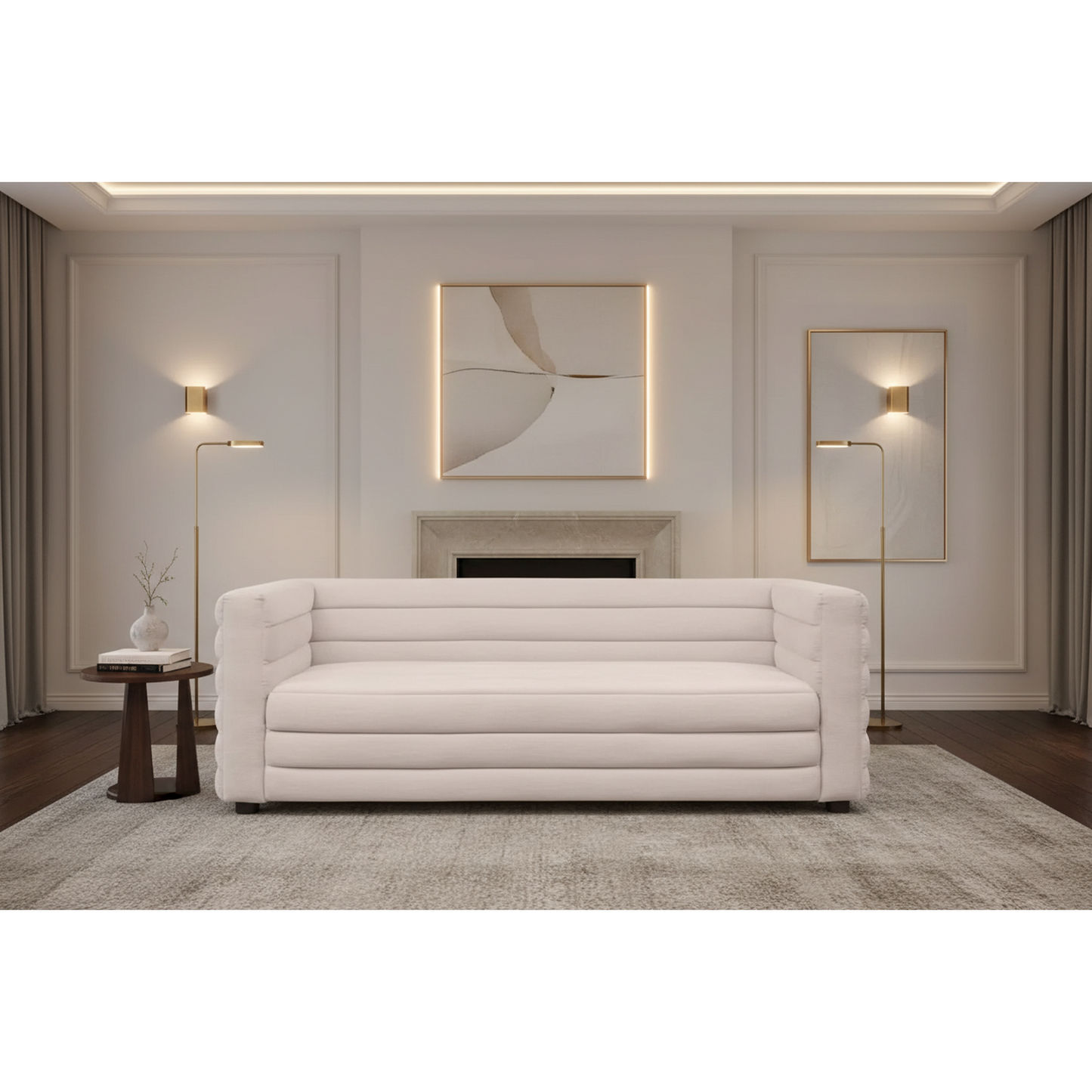 Meredith Fabric Sofa, 2-Seater in Natural Linen - Chocolate Wood