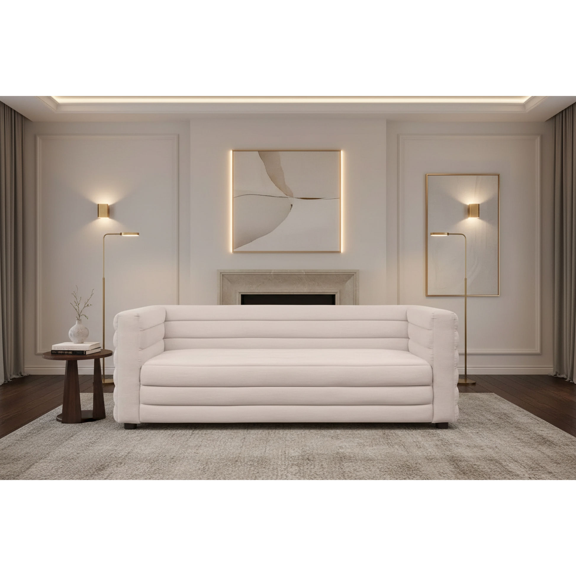 Meredith Fabric Sofa, 2-Seater in Natural Linen - Chocolate Wood