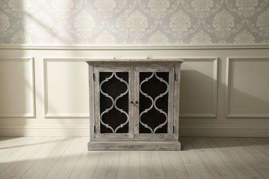 REINA GREYWASHED RECYCLED TIMBER/HERITAGE METAL 2-DOOR CABINET CUPBOARD - MyChocolateWood