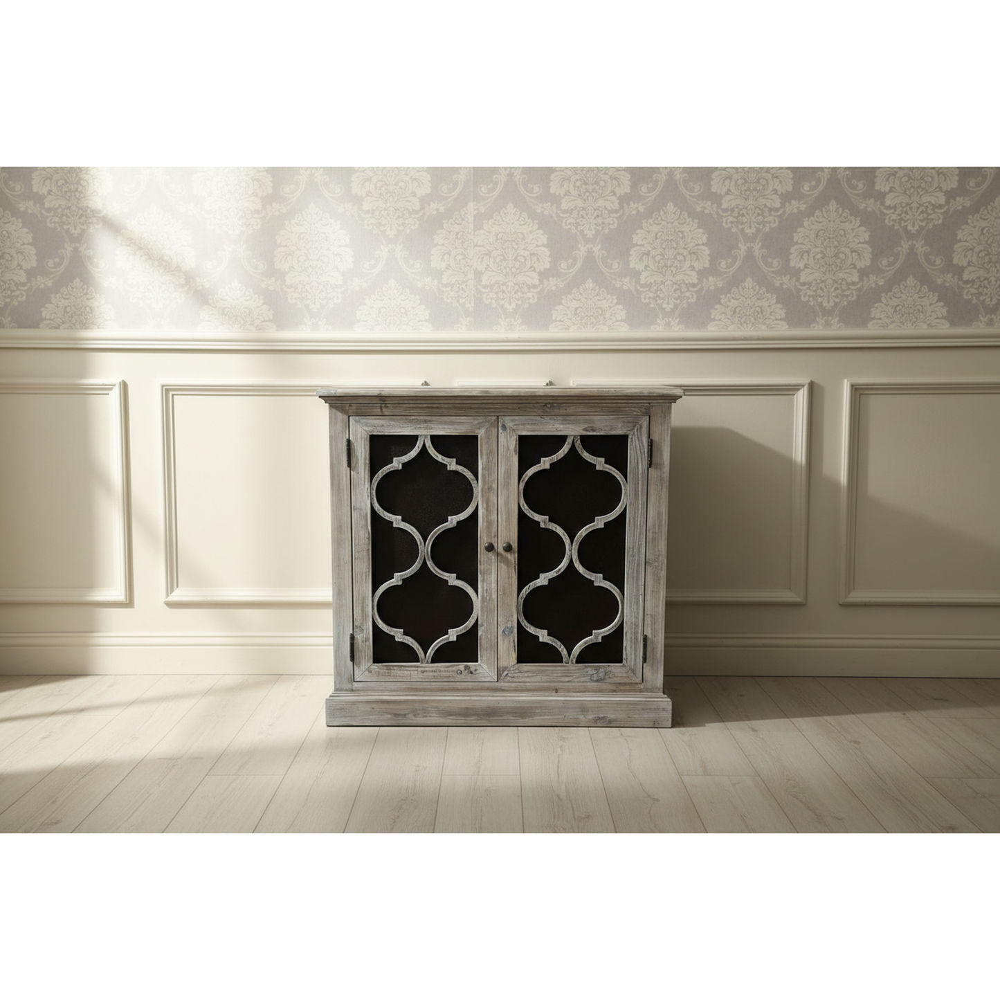 Reina Greywashed Recycled Timber 2-Door Cabinet with Heritage Metal Panels - Chocolate Wood