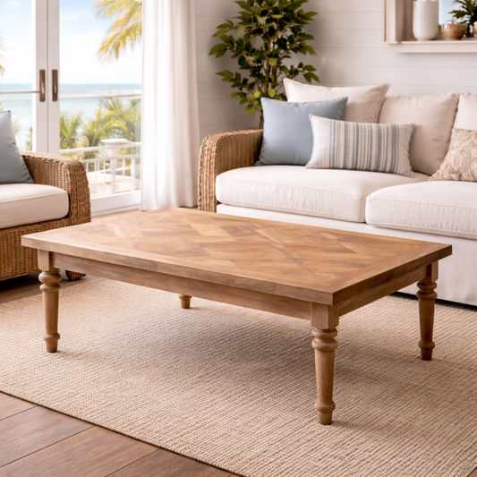 MORO RUSTIC RECYCLED ELM COFFEE TABLE WITH PARQUETRY TOP 140CM - MyChocolateWood