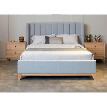 Nerissa Bed with Fabric Vertical Panel Headboard in Light Grey - Chocolate Wood