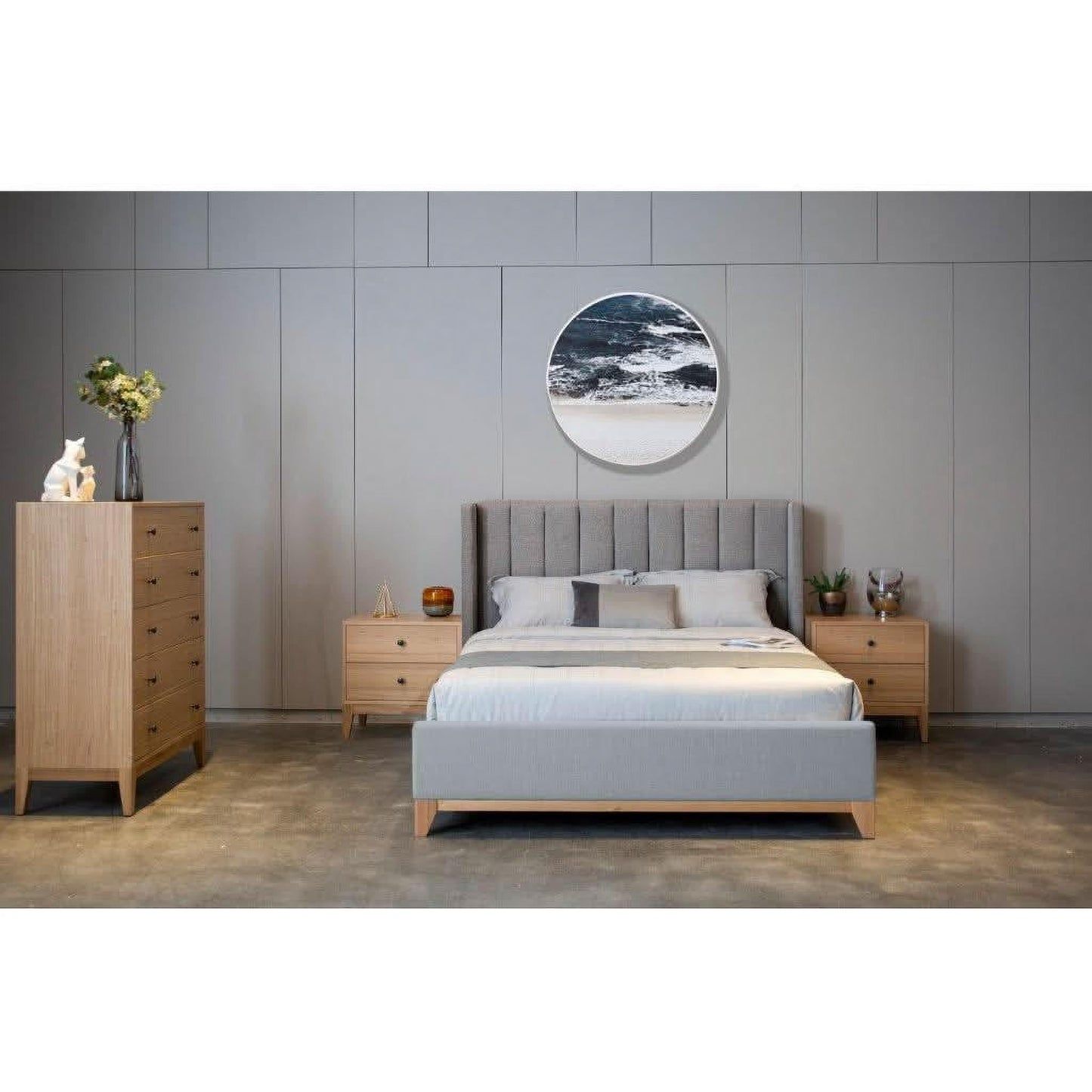 Nerissa Bed with Fabric Vertical Panel Headboard in Storm - Chocolate Wood
