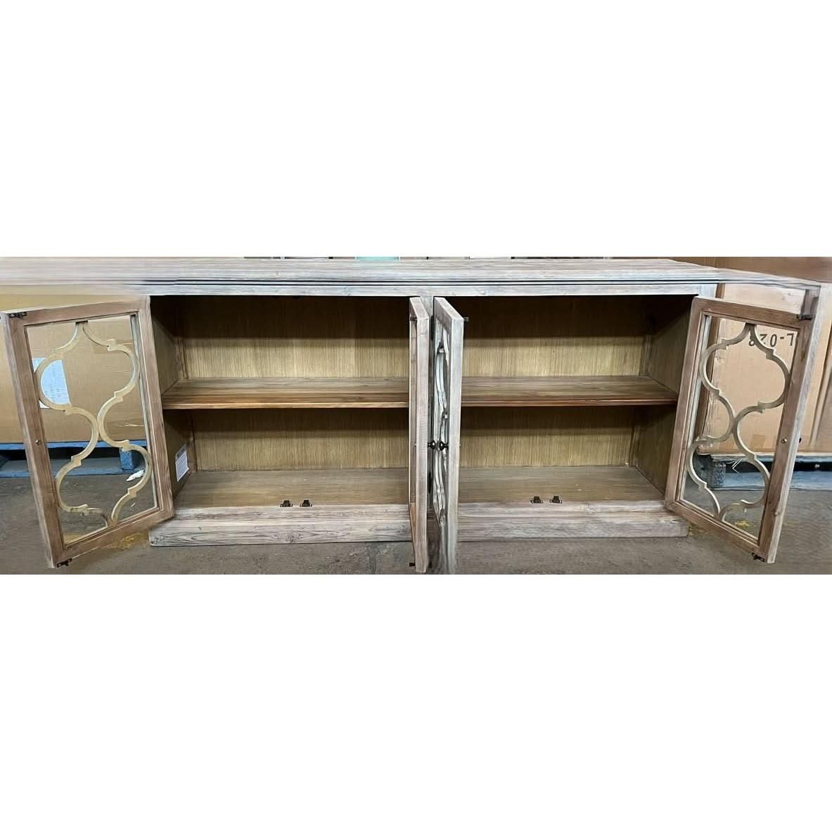 REINA GREYWASHED RECYCLED TIMBER/GLASS 4-DOOR BUFFET/SIDEBOARD - MyChocolateWood