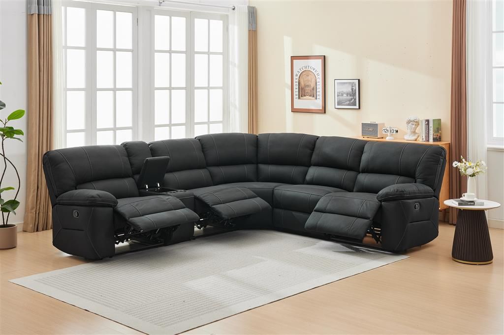 VERNON MKII RHINO FABRIC CORNER MODULAR WITH BOTH END RECLINERS - ONYX  - MyChocolateWood