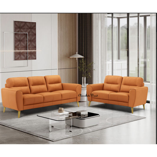 VIGGO 2-SEATER + 3-SEATER  LEATHER SOFA SET ORANGE - MyChocolateWood