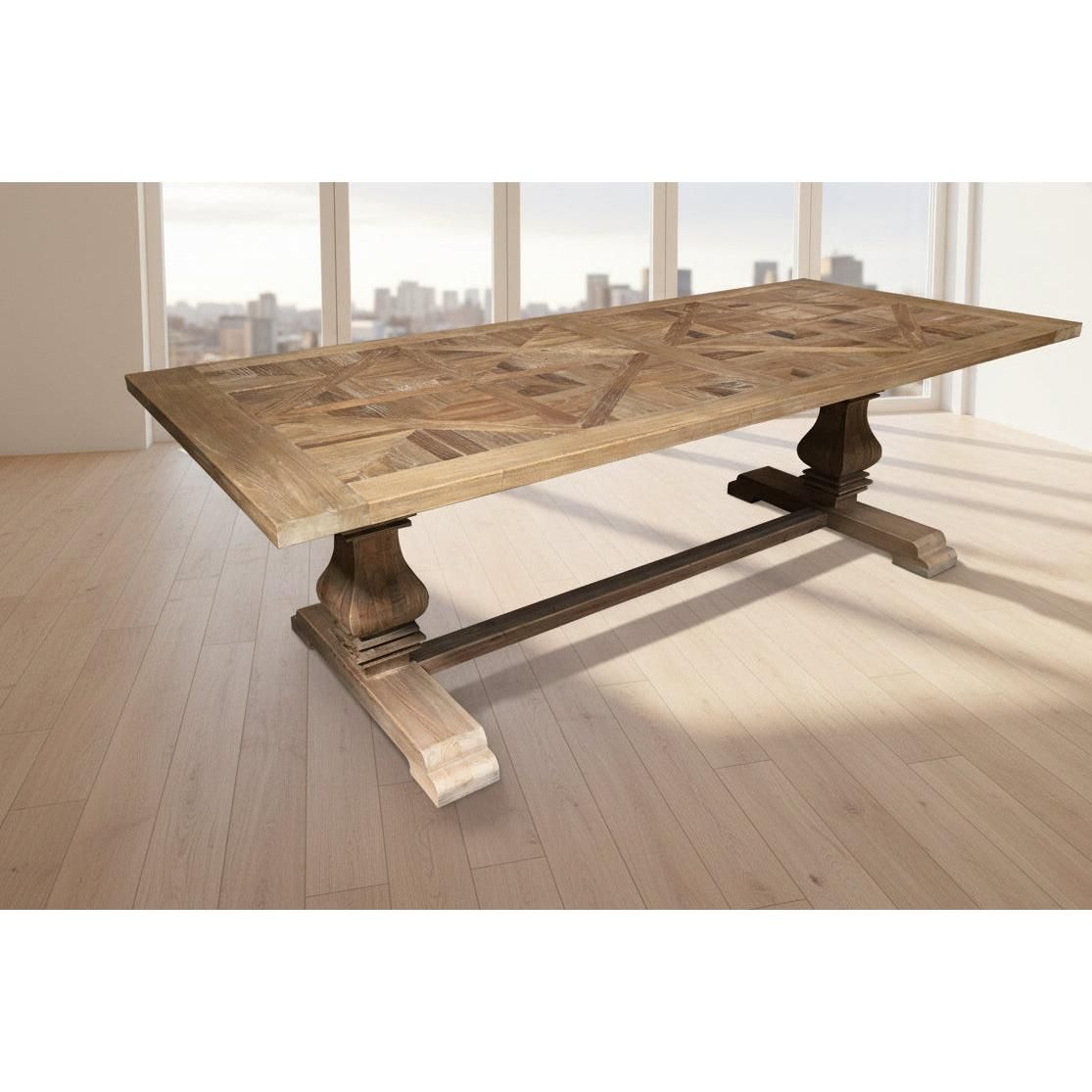 TREMAYNE RECYCLED ELM RUSTIC DINING TABLE PARQUETRY PATTERN PEDESTAL LEG 200CM - MyChocolateWood