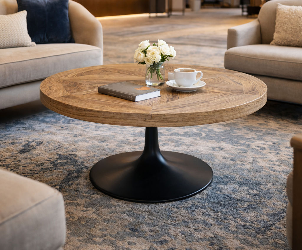 QUENTIN ROUND PARQUETRY COFFEE TABLE IN RECYCLED ELM & IRON - MyChocolateWood