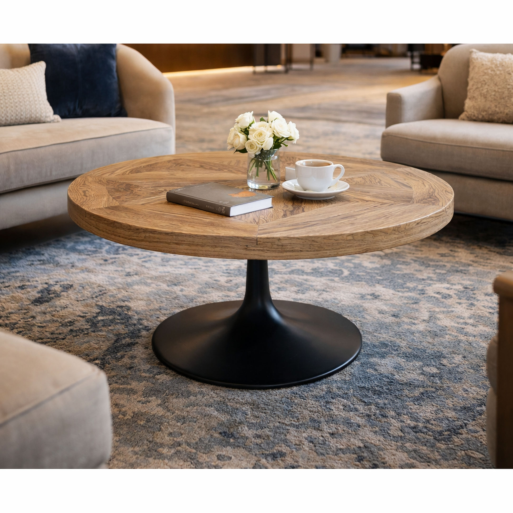 Quentin Round Parquetry Coffee Table in Recycled Elm & Iron - Chocolate Wood