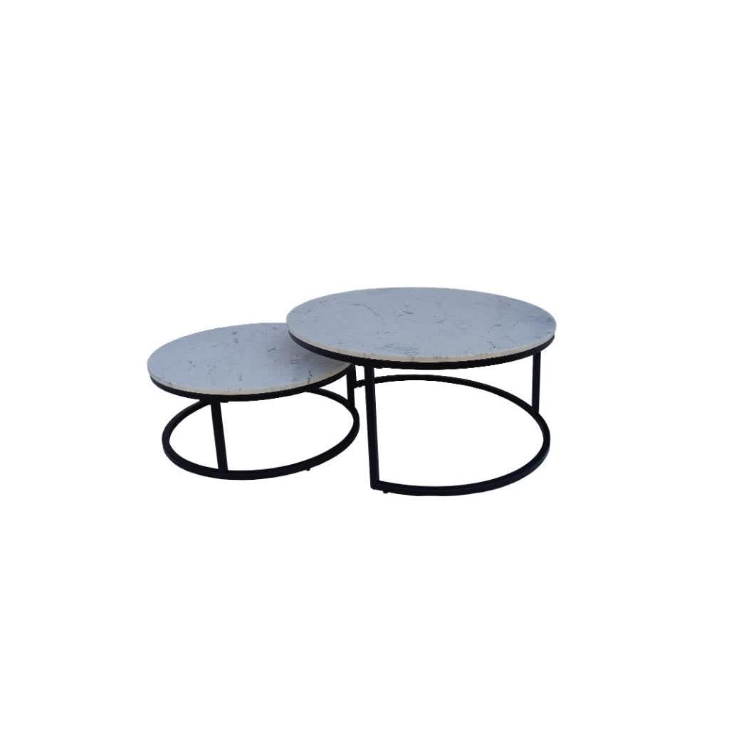 PEARSE SET OF 2 COFFEE TABLES WHITE MARBLE TOP/BLACK METAL LEGS - MyChocolateWood