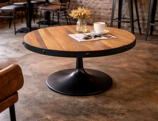 QUENTIN ROUND COFFEE TABLE IN RECYCLED ELM & IRON - MyChocolateWood