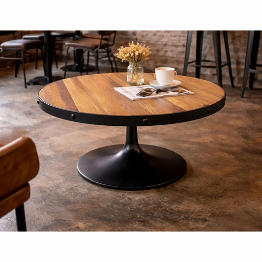 QUENTIN ROUND COFFEE TABLE IN RECYCLED ELM & IRON - MyChocolateWood