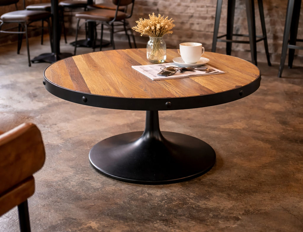 QUENTIN ROUND  COFFEE TABLE IN RECYCLED ELM & IRON - MyChocolateWood