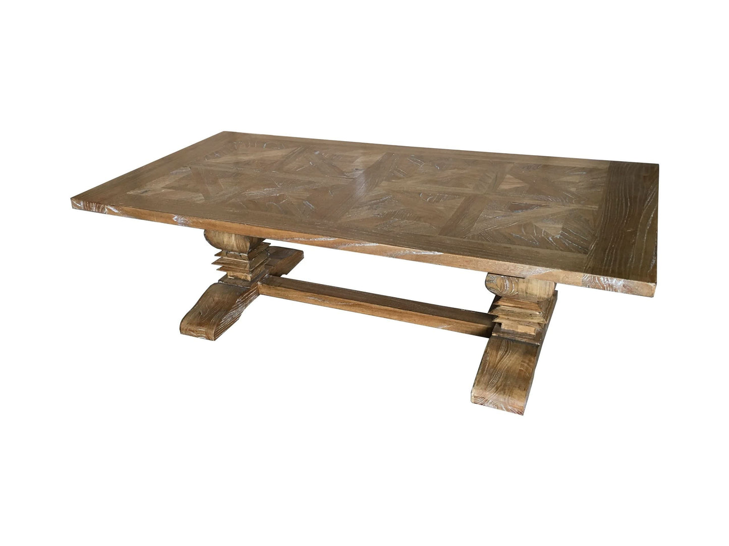 KENSIT RECYCLED ELM HAMPTON RUSTIC COFFEE TABLE PARQUETRY TOP 140CM - MyChocolateWood