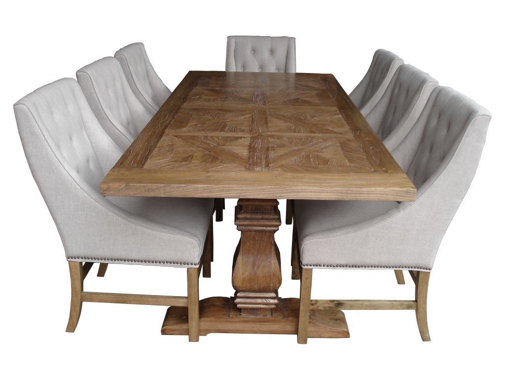 KENSIT RECYCLED ELM DINING TABLE PARQUETRY TOP NATURAL 245CM - MyChocolateWood