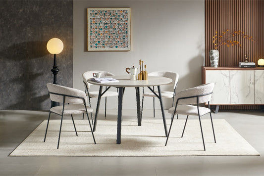 ELEKTRA 5 PIECE ROUND DINING SET: 1 MARBLE LOOK DINING TABLE 120CM & 4 BEIGE ELEKTRA DINING CHAIRS - MyChocolateWood