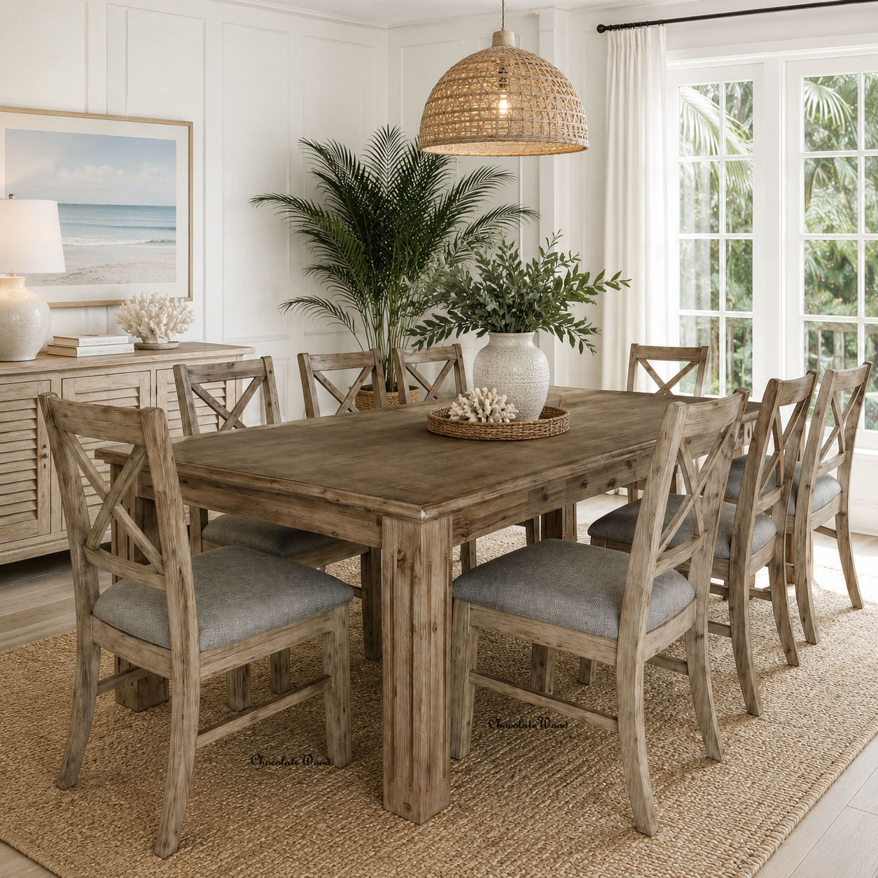 Devonshire 9-Piece Dining Set — Acacia Dining Table 210cm & 8 Devonshire Chairs in Brushed Khaki-MyChocolateWood