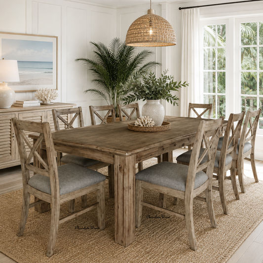 Devonshire 9-Piece Dining Set — Acacia Dining Table 210cm & 8 Devonshire Chairs in Brushed Khaki-MyChocolateWood