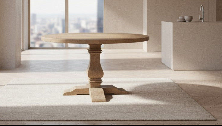RHIANNON ROUND DINING TABLE IN RECYCLED ELM 120CM DIAMETER - MyChocolateWood