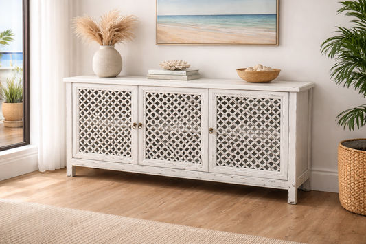 RAFAEL RECYCLED WHITE ELM 3-DOOR BUFFET/SIDEBOARD WITH A RUBBED BACK FINISH & 3 LATTICE DOORS - MyChocolateWood
