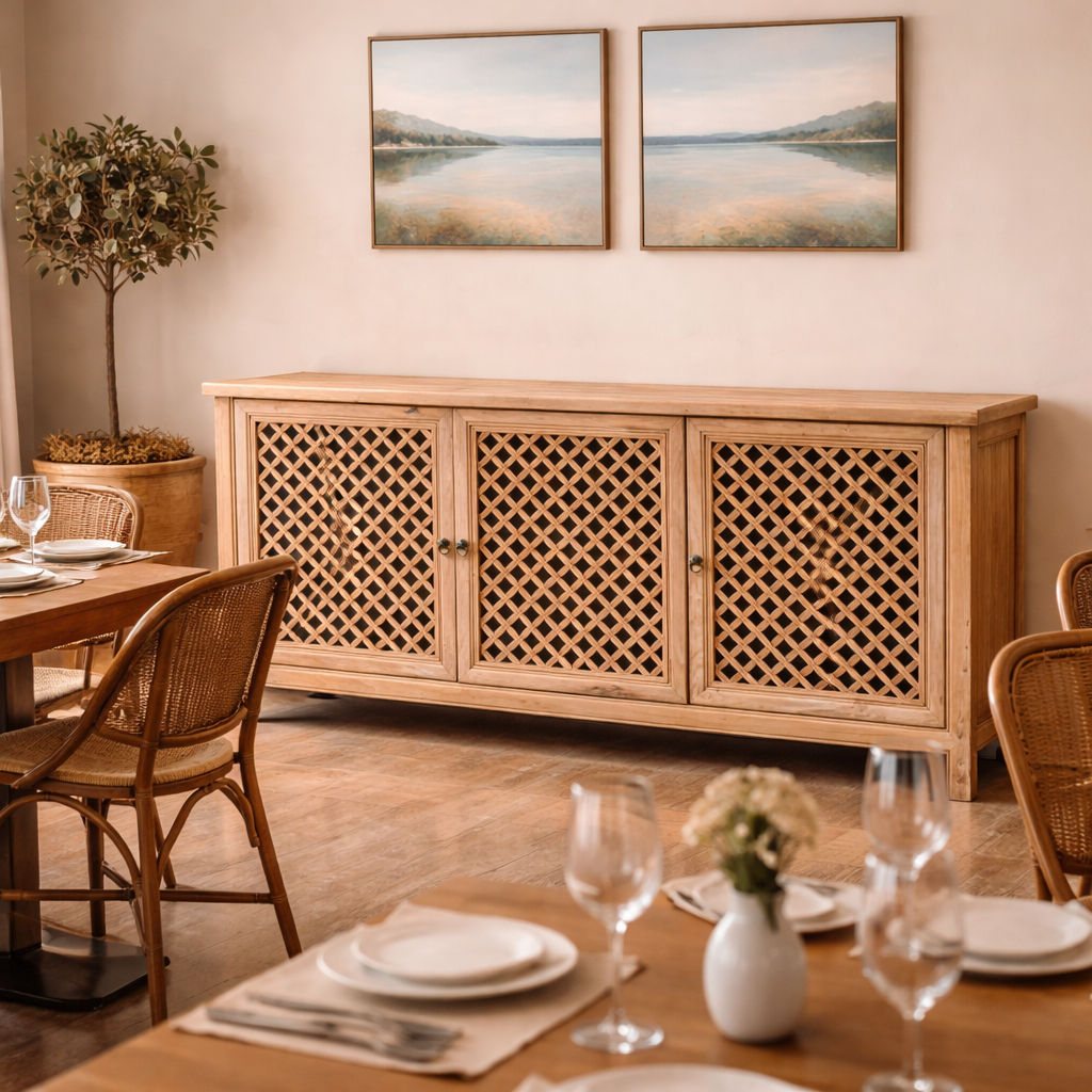 RAFAEL RECYCLED ELM BUFFET IN NATURAL FINISH WITH 3 LATTICE DOORS - MyChocolateWood