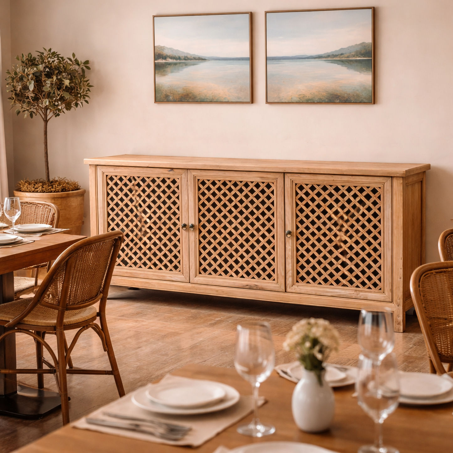 Rafael Recycled Elm Buffet in Natural, 3 Lattice Doors 180cm - Chocolate Wood