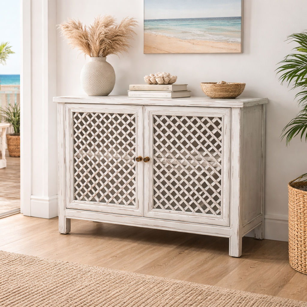RAFAEL WHITE RECYCLED ELM BUFFET WITH A RUBBED BACK FINISH & 2 LATTICE DOORS - MyChocolateWood