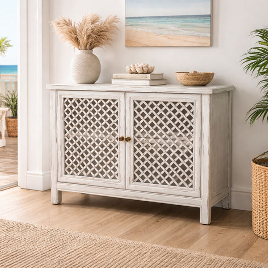 RAFAEL WHITE RECYCLED ELM BUFFET WITH A RUBBED BACK FINISH & 2 LATTICE DOORS - MyChocolateWood
