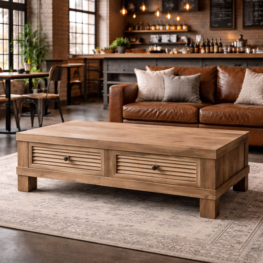 VILLA RUSTIC LOUVRE STYLE COFFEE TABLE 2 DRAWERS IN RECYCLED ELM - MyChocolateWood