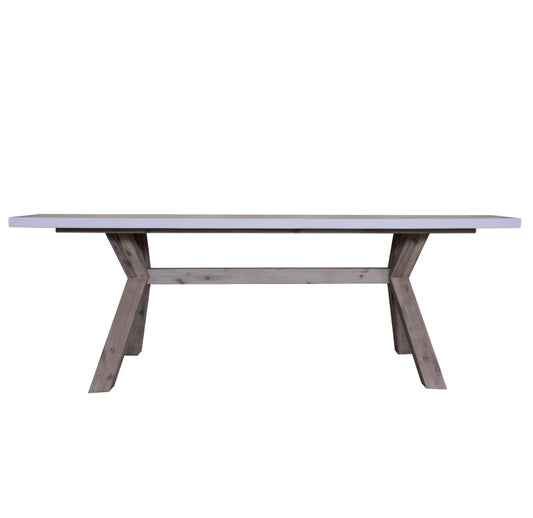 ROSALI 2-TONE WHITE CONCRETE TOP & SOLID ACACIA PEWTER RECTANGULAR DINING TABLE 180CM