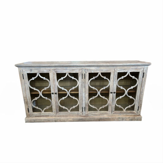 REINA GREYWASHED RECYCLED TIMBER/GLASS 4-DOOR BUFFET/SIDEBOARD