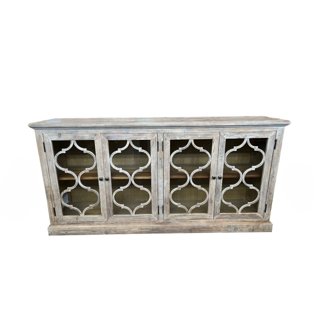 REINA GREYWASHED RECYCLED TIMBER/GLASS 4-DOOR BUFFET/SIDEBOARD - MyChocolateWood