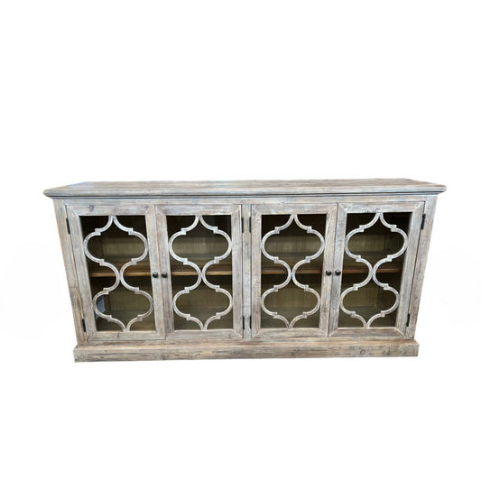 REINA GREYWASHED RECYCLED TIMBER/GLASS 4-DOOR BUFFET/SIDEBOARD - MyChocolateWood