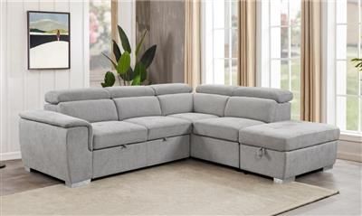 SUTTON FABRIC 2-SEATER CORNER SOFA W/BED,STORAGE OTTOMAN & RHF CHAISE LIGHT GREY (Copy)